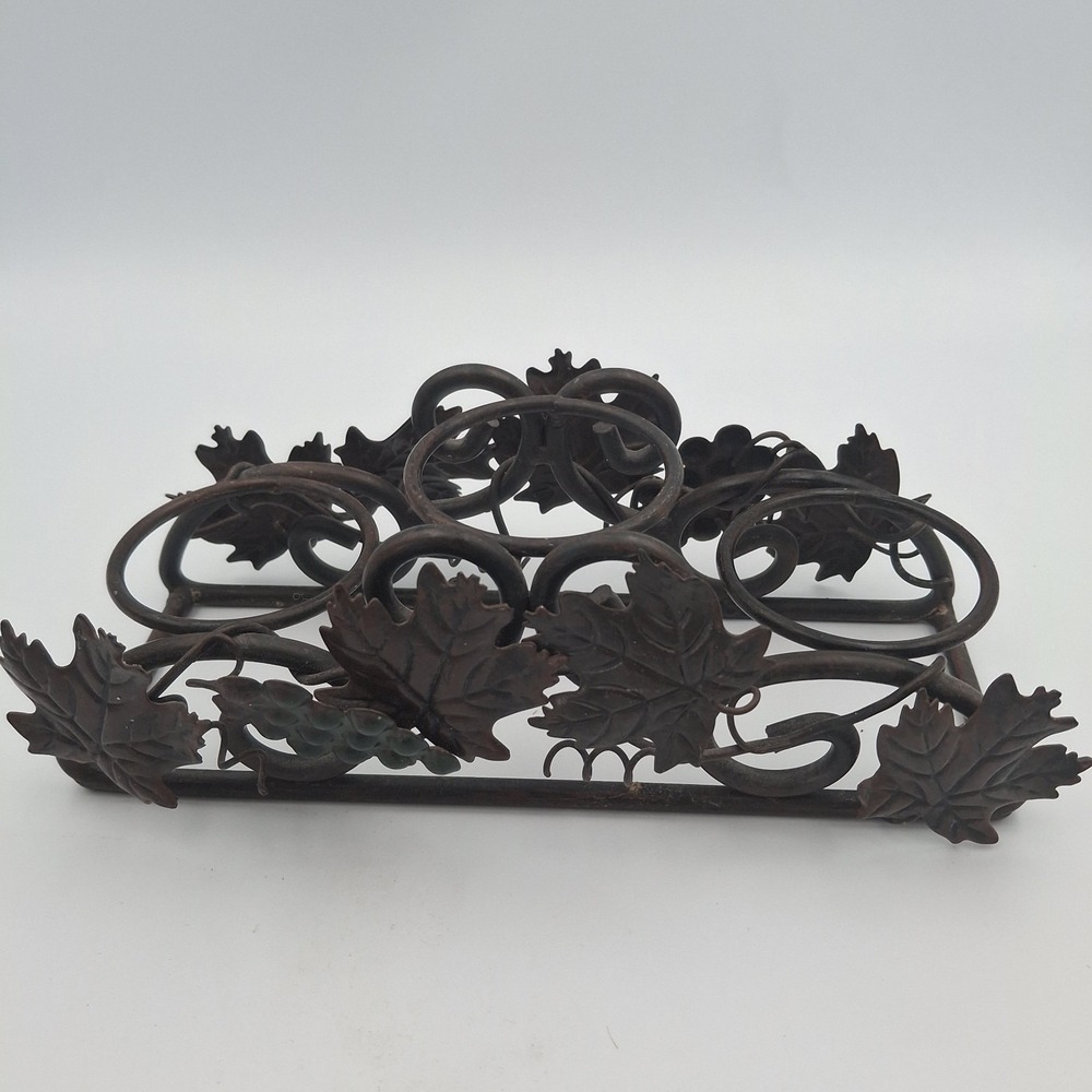 Rectangular Three Votive Candle Holder Metal Vines Grapes Leaves Motif 8 Inches